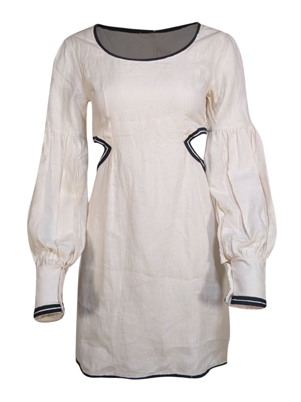 Fanm Mon - Ivory Linen Mini Dress W/ Cutout & Black Trimming